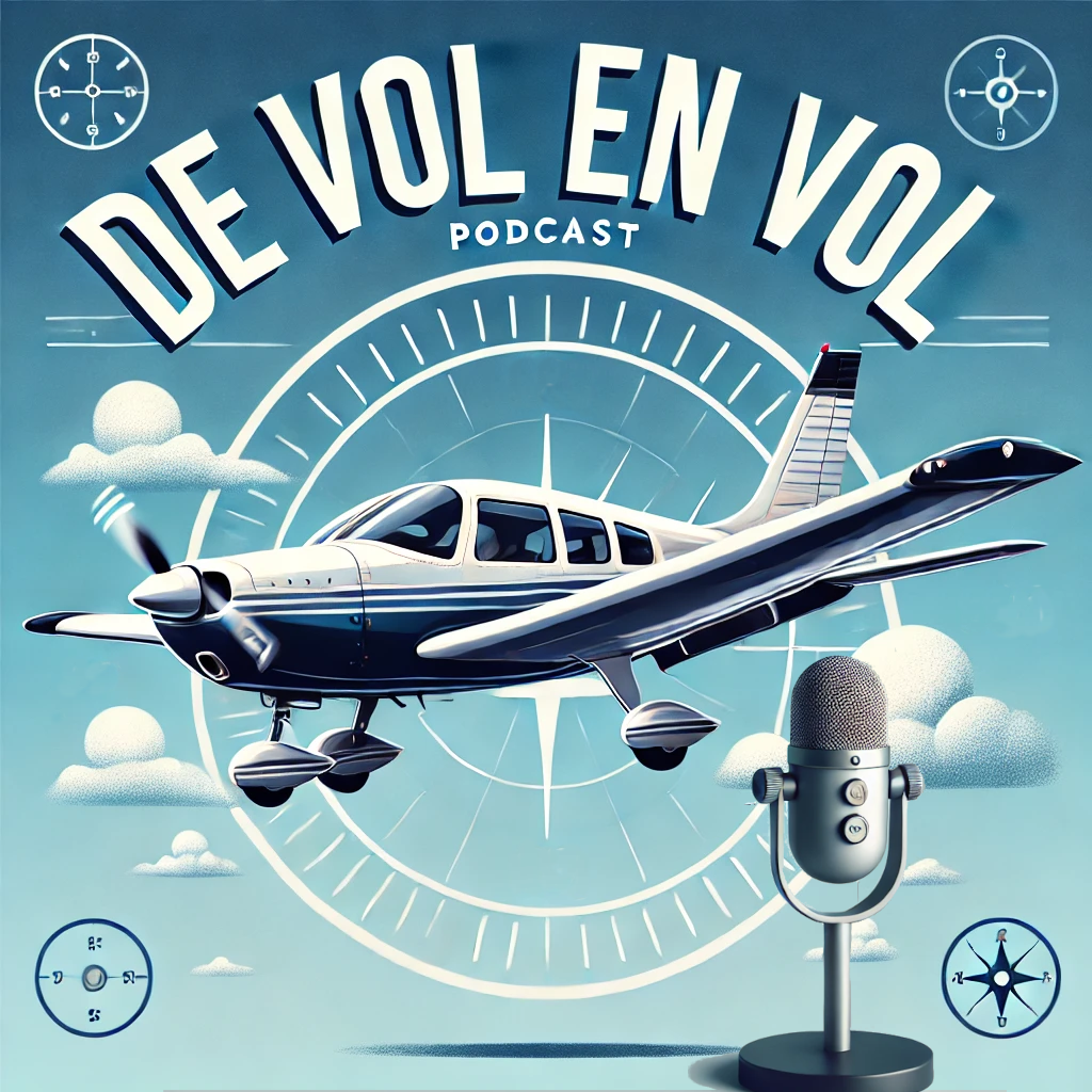 Un avion (Piper PA-28) volant de droite à gauche sous le texte "de vol en vol", avec un micro de podcasteur en bas à droite
